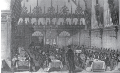 1840 年左右在三一学院举行的“三足凳”考试现场